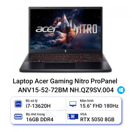 Laptop Acer Gaming Nitro ProPanel ANV15-52-72BM NH.QZ9SV.004 (Intel Core i7-13620H | RTX 5050 | 15.6 FHD IPS 180Hz 100% sRGB | Win 11 | Đen)
