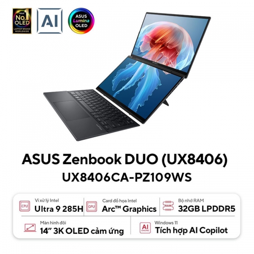 Laptop Asus ZenBook Duo UX8406CA-PZ109WS (Intel Core Ultra 9 285H | 32GB | 1 TB | 14 inch 3K OLED | Cảm ứng | Win 11 | Office | Xám)