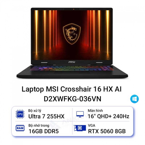 Laptop MSI Crosshair 16 HX AI D2XWFKG-036VN (Intel Core Ultra 7 255HX | RTX 5060 | 16 inch QHD+ 240Hz | 16GB | 1TB | Win 11 | Xám)